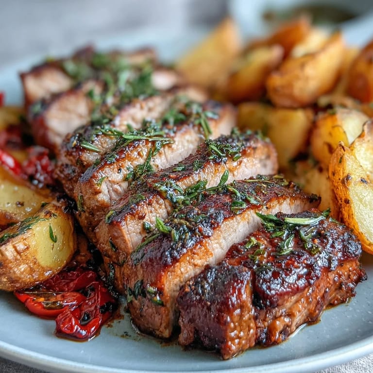 A Spanish-inspired platter featuring juicy Ibérico pork fillet, rosemary potatoes, and caramelized roasted red peppers.