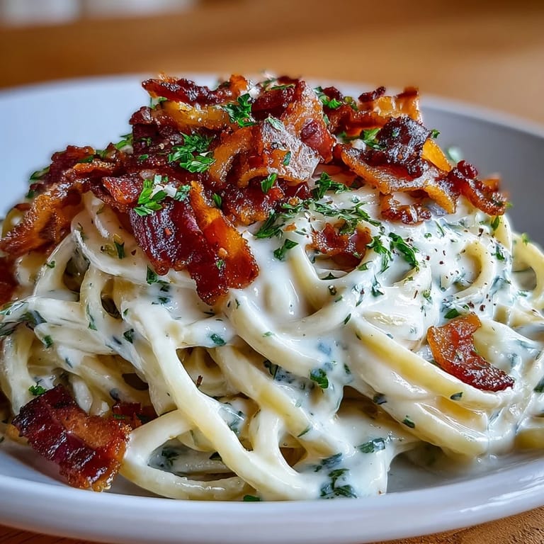 Serving of low-carb Celeriac Carbonara garnished with grated Parmesan and black pepper, ready to be enjoyed as a main dish.