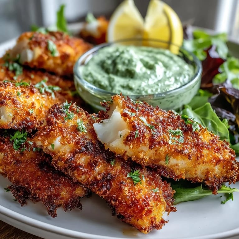 Crispy baked haddock goujons coated in Parmesan and panko, served alongside vibrant green pea pesto and fresh salad leaves.  