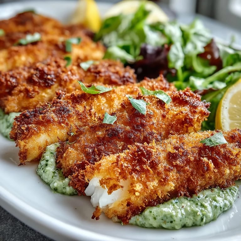 Freshly baked haddock goujons with a savory Parmesan crust, accompanied by a bright pea pesto for dipping and lemon garnish.