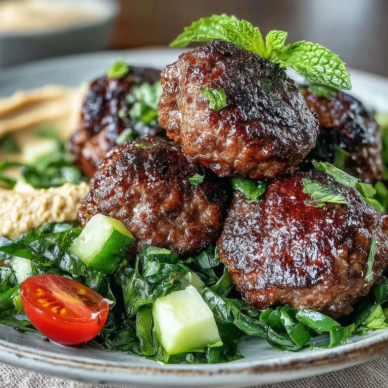 Savory venison meatballs paired with a crisp, vibrant salad and creamy hummus on a wooden table.