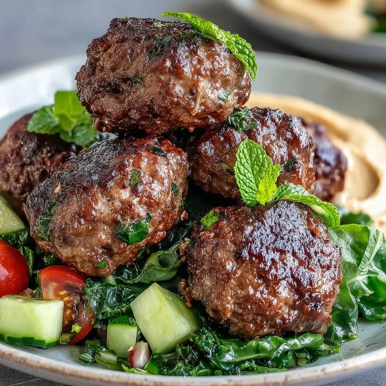 A colorful plate of spiced venison meatballs, mixed greens salad, and smooth hummus, ready to serve.