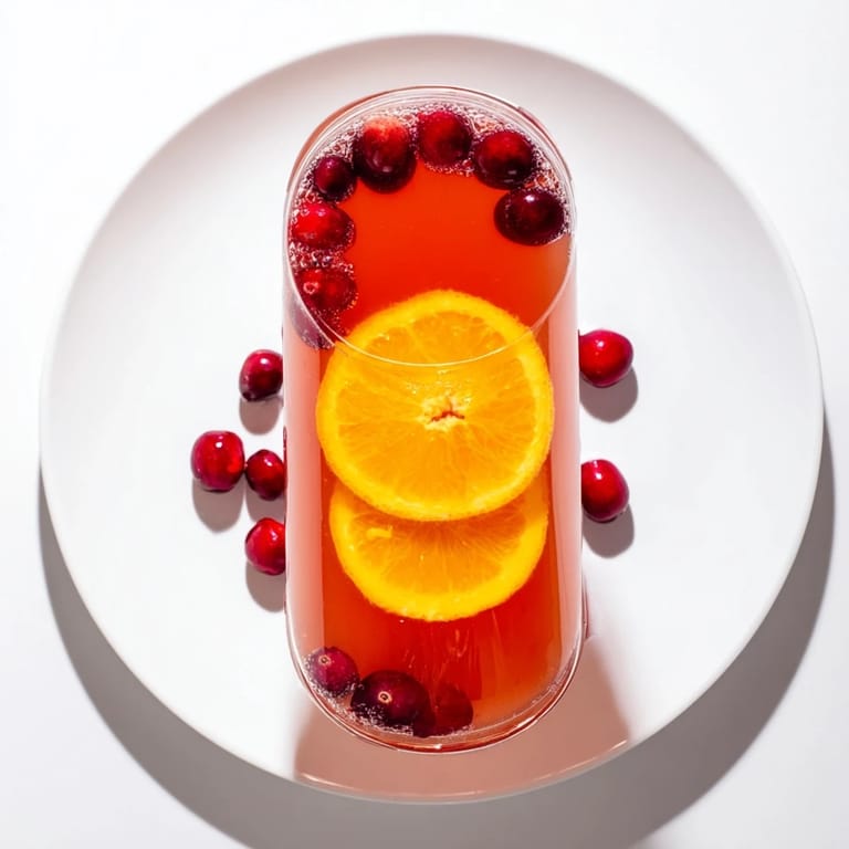 Bright red 3-Ingredient Holiday Punch in a glass, with orange slices and cranberries as garnish.
