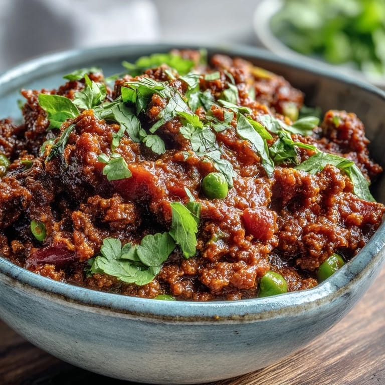 A hearty skillet of Venison Keema Curry simmering with tender ground venison, peas, and aromatic spices, with steam rising from the pan.