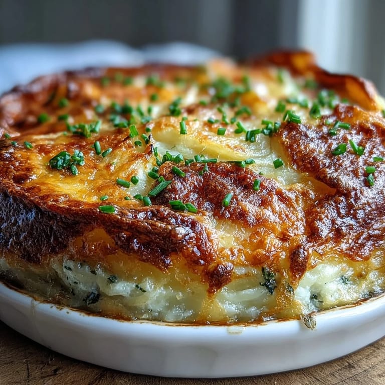 Hearty vegetarian cheese and potato pie, with tender Yukon Gold potatoes and caramelized onions on a plate.