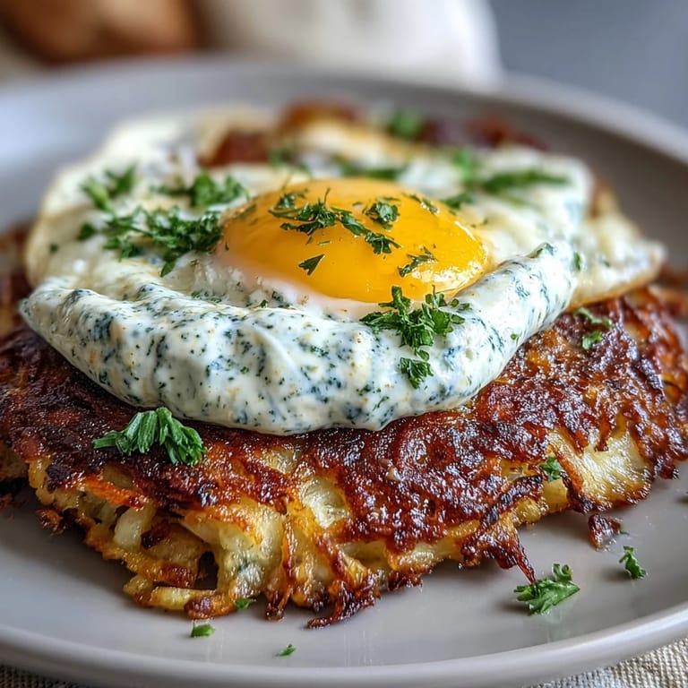 Freshly fried celeriac rösti with a dollop of spicy yogurt and a perfectly cooked egg, garnished with parsley.