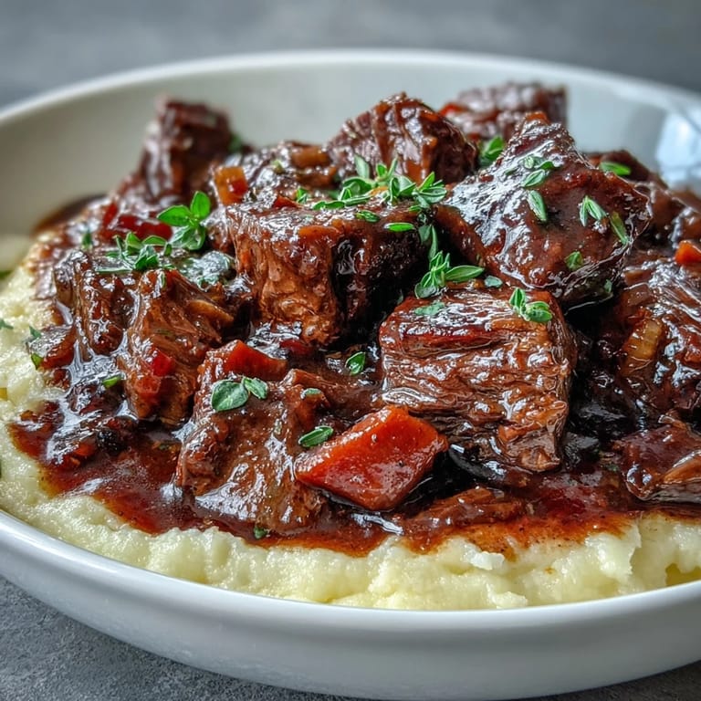 Savory venison stew with sloe gin and herbs, served alongside a generous bed of soft, golden polenta ready to soak up the sauce.