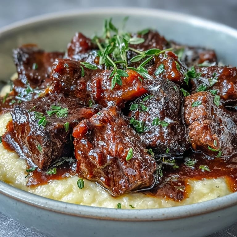 A rustic bowl of venison stew with sloe gin and polenta, featuring tender meat chunks and a glossy, deep-red sauce.