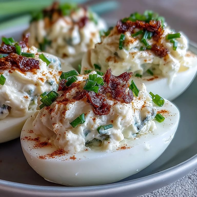 Halved egg whites are generously filled with a creamy, tangy yolk mixture for a crowd-pleasing appetizer.