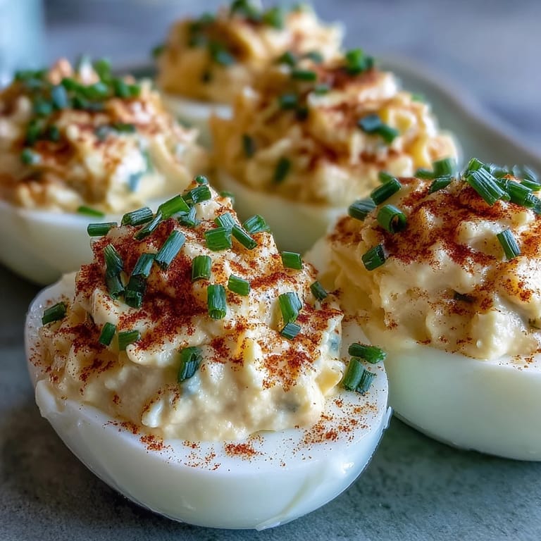 A platter of Million Dollar Deviled Eggs featuring smooth filling, dusted with paprika and fresh herbs.