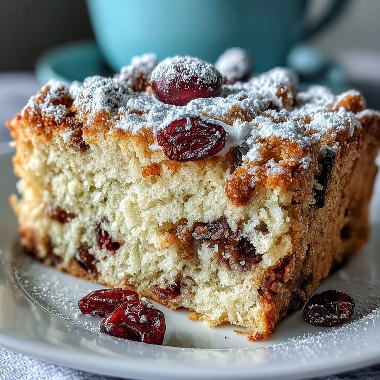 Cranberry Orange Breakfast Cake in a round pan, golden-brown top with bursting cranberries and orange zest, ready to slice.