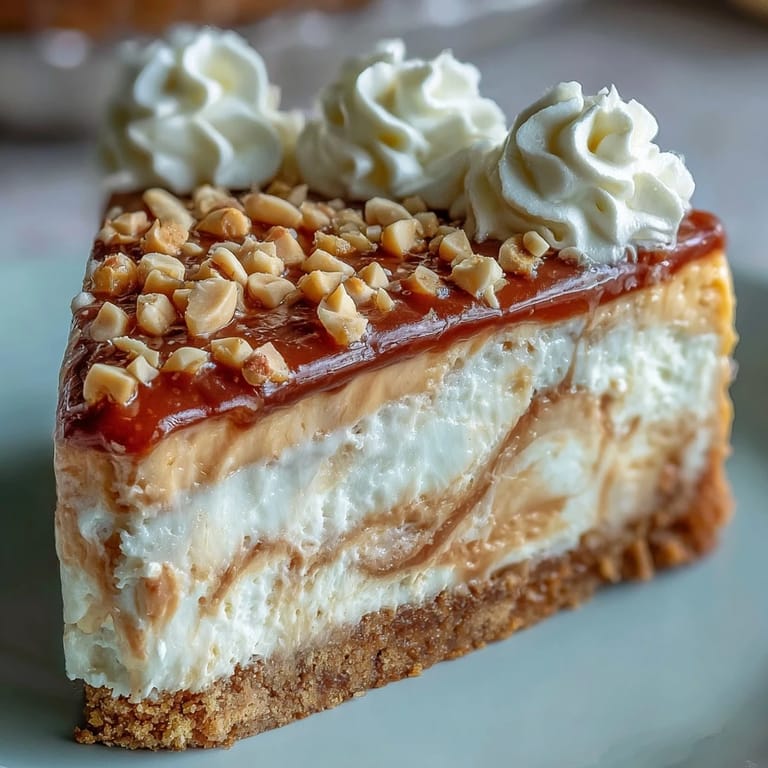 Chilled Nutter Butter cheesecake garnished with extra cookies and chopped peanuts, ready to serve on a dessert plate for a sweet treat.
