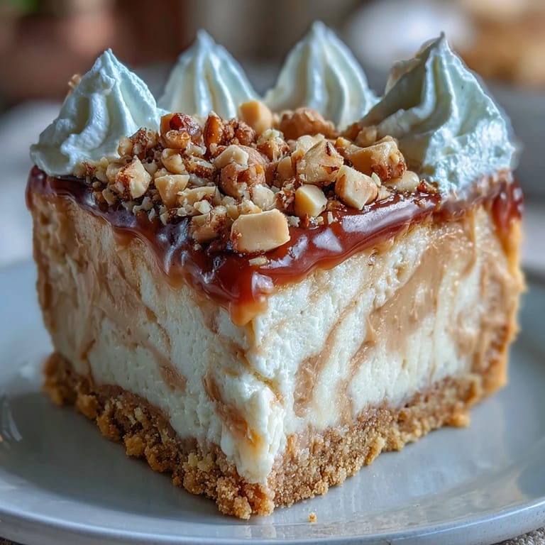 A rich Nutter Butter cheesecake with a smooth peanut butter filling and cookie crust, topped with a cloud of whipped cream and peanuts.