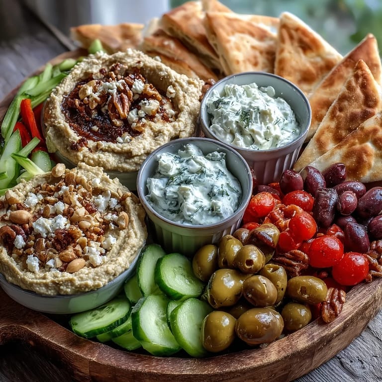 Colorful Mediterranean Brunch Board featuring creamy hummus, baba ganoush, olives, and crisp flatbread strips.