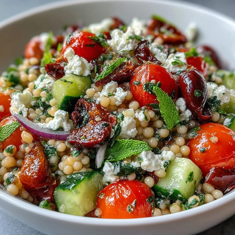 Fluffy Mediterranean Pearl Couscous mixed with crunchy vegetables and feta, ready to serve on a bright, sunny kitchen counter.
