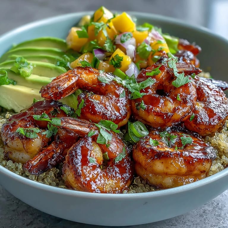 A top-down view shows Fresh Shrimp and Creamy Avocado Bowls, highlighting the vibrant mango salsa and drizzled zesty lime chili sauce.