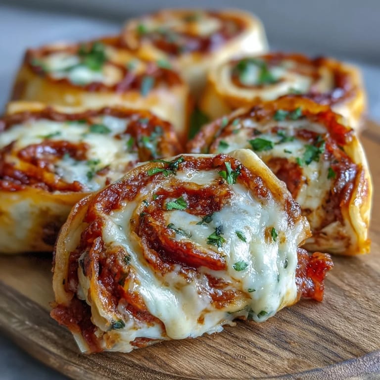 Warm Tortilla Pizza Rolls sliced into bite-sized pieces show layers of tomato sauce and pepperoni on a striped napkin.