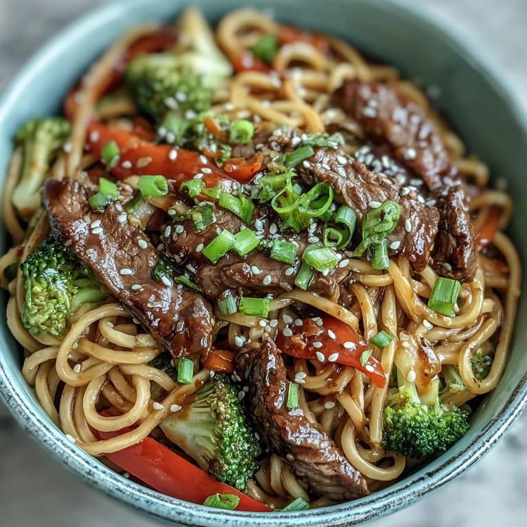 A close-up of Korean Beef Noodles reveals crisp broccoli and bell peppers mingling with savory beef and glistening noodles.