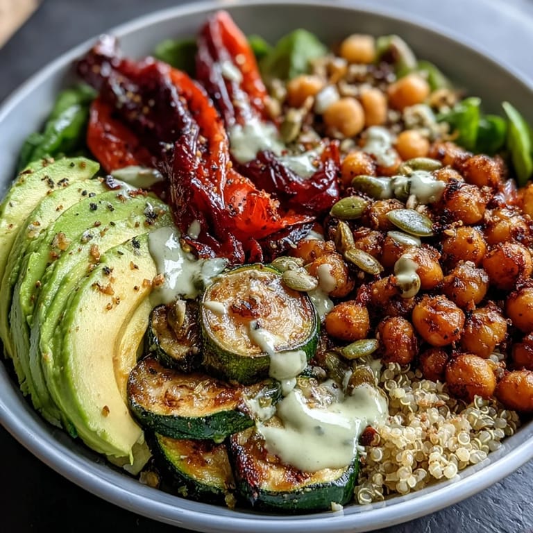 Tahini-dressed Vegetable and Legume Bowl featuring smoky roasted zucchini, lentils, chickpeas, and pumpkin seeds served over warm grains with lemon on the side.