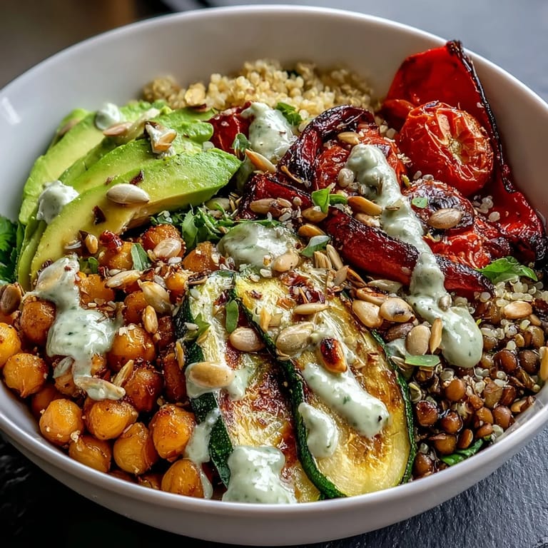 Healthy Vegetable and Legume Bowl garnished with fresh parsley, cherry tomatoes, and avocado slices, a hearty vegan main dish perfect for meal prep lunches.