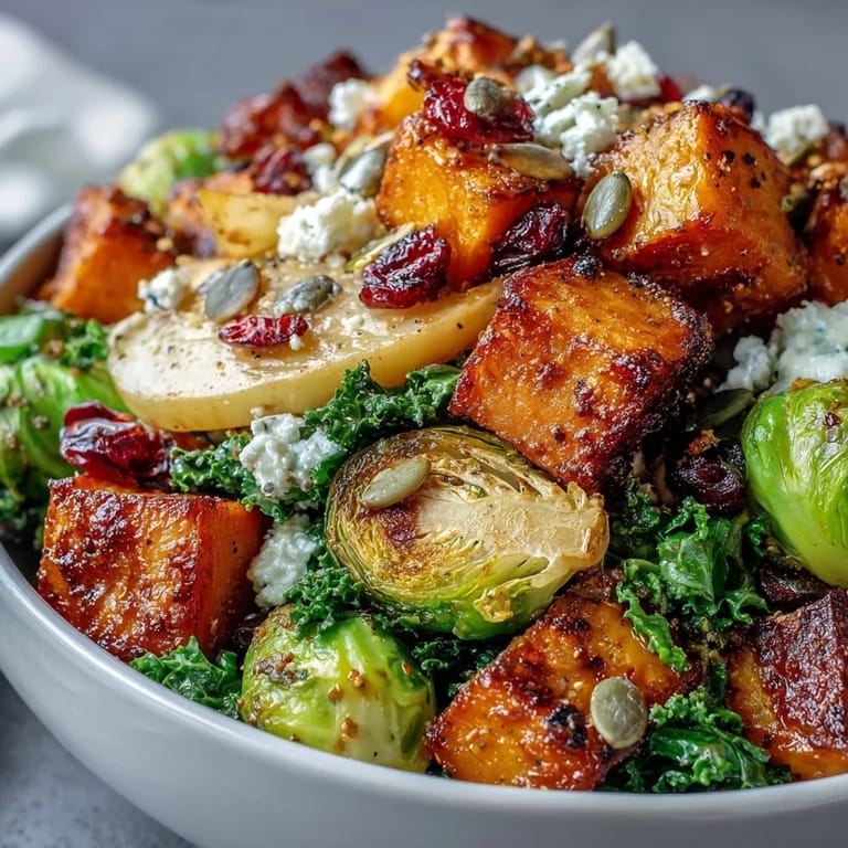 Healthy Fall Vegetable Bowl served warm with vegan feta alternative and tart dried cranberries.