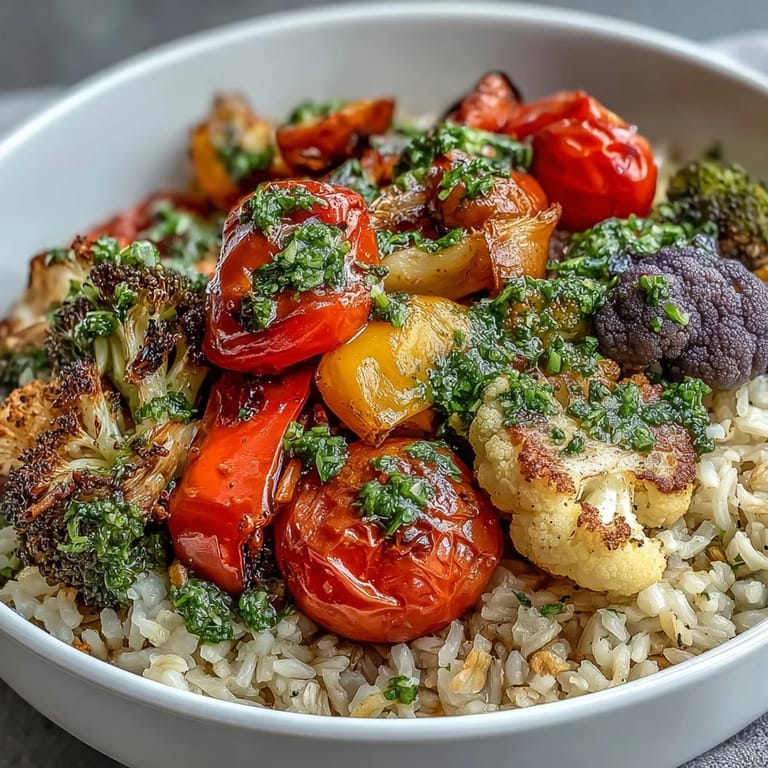 Close-up of a delicious Rainbow Roasted Vegetable Bowl featuring caramelized carrots and cherry tomatoes, ready to be served as a gluten-free vegan dinner.