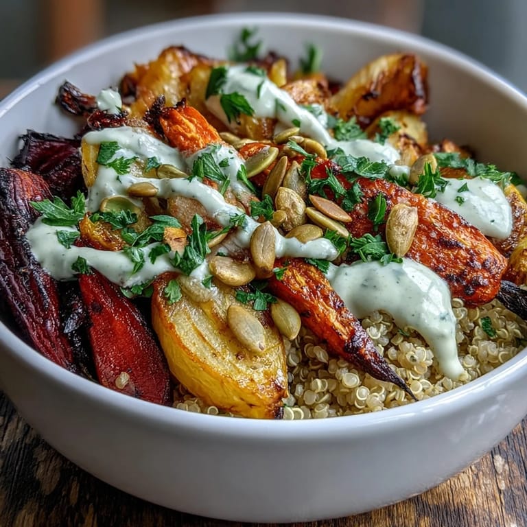 A close-up of the Roasted Root Vegetable Bowl with caramelized parsnips and turnips, a tahini drizzle, and fresh parsley on quinoa.