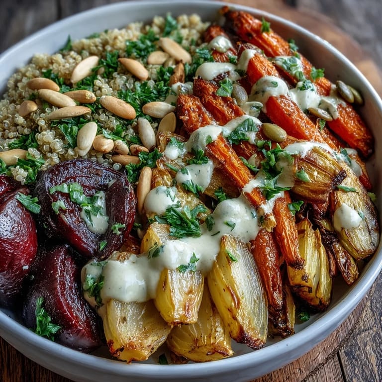 Healthy vegetarian dinner bowl featuring warm roasted root vegetables, fluffy quinoa, and a rich tahini drizzle, finished with toasted seeds.