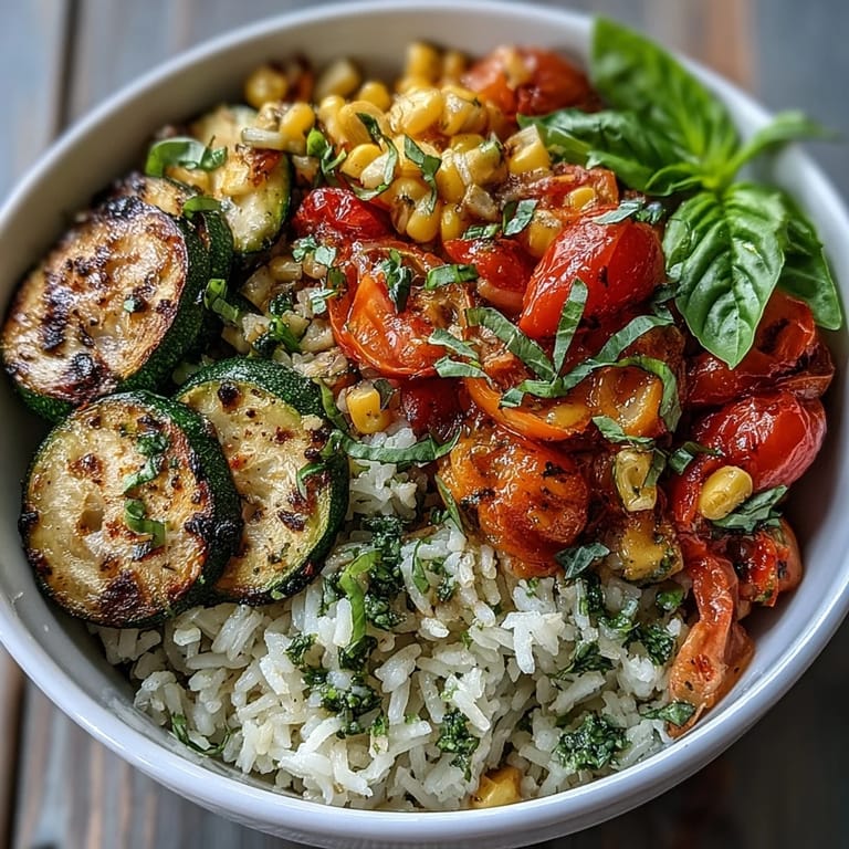 Juicy halved cherry tomatoes and sweet corn kernels simmer in the skillet for the Summer Vegetable Bowl, creating a colorful medley for four servings.