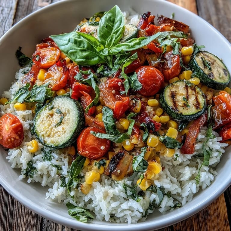 A finished Summer Vegetable Bowl with sautéed summer vegetables over brown rice, garnished with fresh basil and a lemon wedge for a light, vibrant meal.