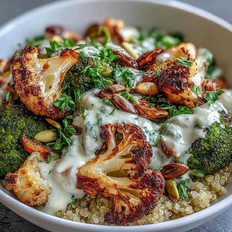 Close-up of a hearty Roasted Brassica Bowl revealing crisp-tender vegetables, wholesome grains, and a zesty dressing.