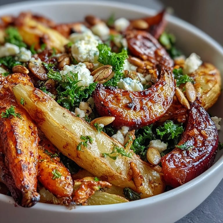 Vibrant roasted root vegetables and kale in a comforting Winter Root Vegetable Bowl served warm.