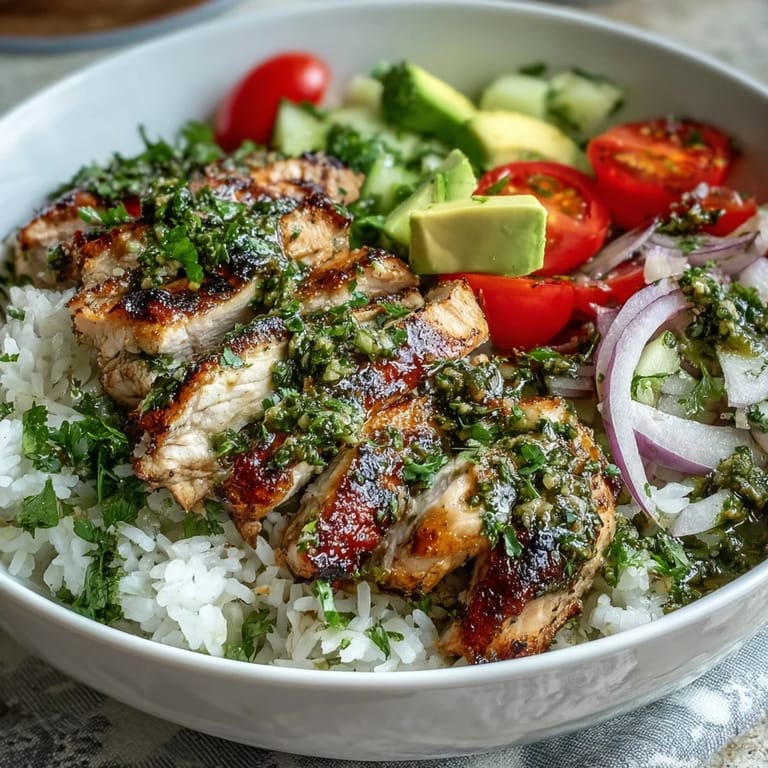 Sizzling chimichurri chicken served over steamed rice with cucumber, red onion, and a drizzle of green sauce.