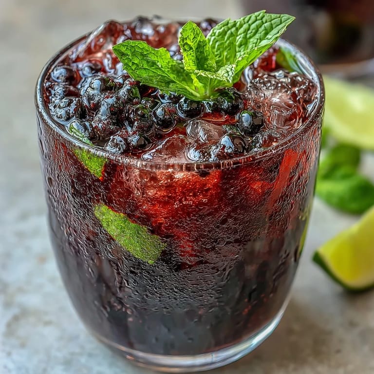 Black Currant Mojito cocktail with muddled mint, zesty lime, and sparkling soda water served in a highball glass.