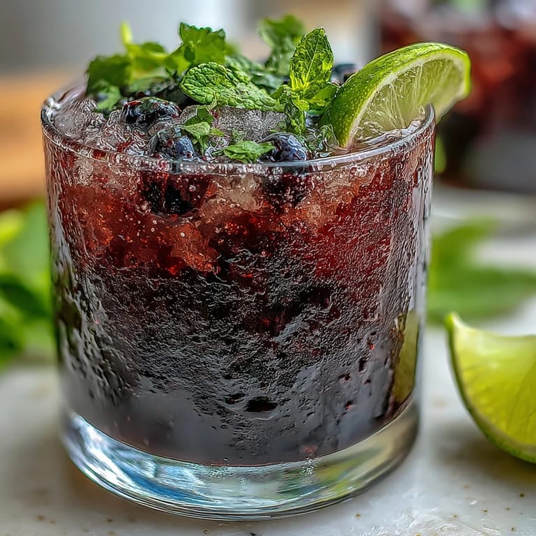 Refreshing summer Black Currant Mojito garnished with fresh mint sprigs and a slice of lime on crushed ice.