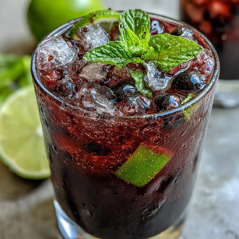 Refreshing Tangy Blackcurrant Mojito served in a highball glass with muddled lime wedges and soda water fizz.