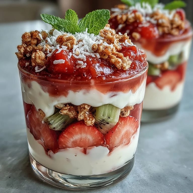 Freshly layered Guava-Flavored Yogurt Parfait topped with mint and coconut beside a mug of green tea.