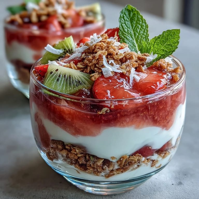 Close-up of Guava-Flavored Yogurt Parfait in a jar, highlighting creamy yogurt and sweet guava with fruit.
