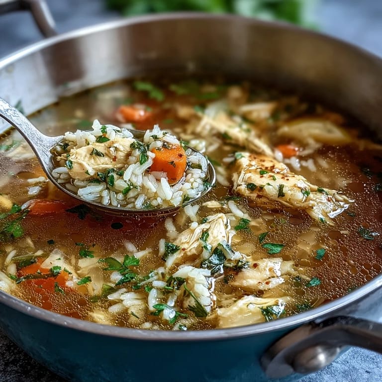 One-pot chicken and rice soup, featuring juicy chicken, hearty grains, and aromatic herbs simmering together for a comforting, nourishing meal.