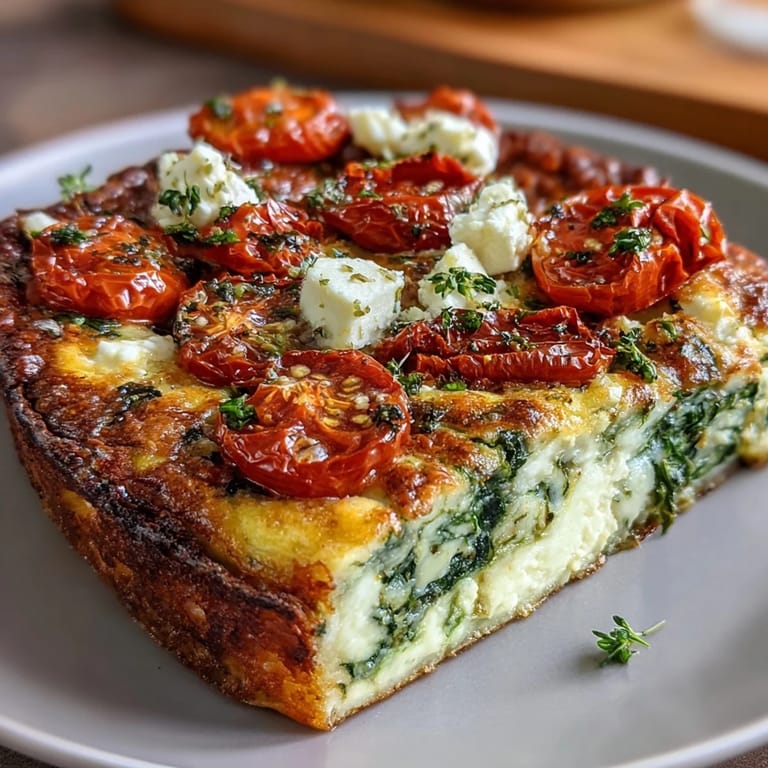 Fluffy spinach and feta frittata loaded with savory sun-dried tomatoes, baked to perfection and served warm with a side salad.