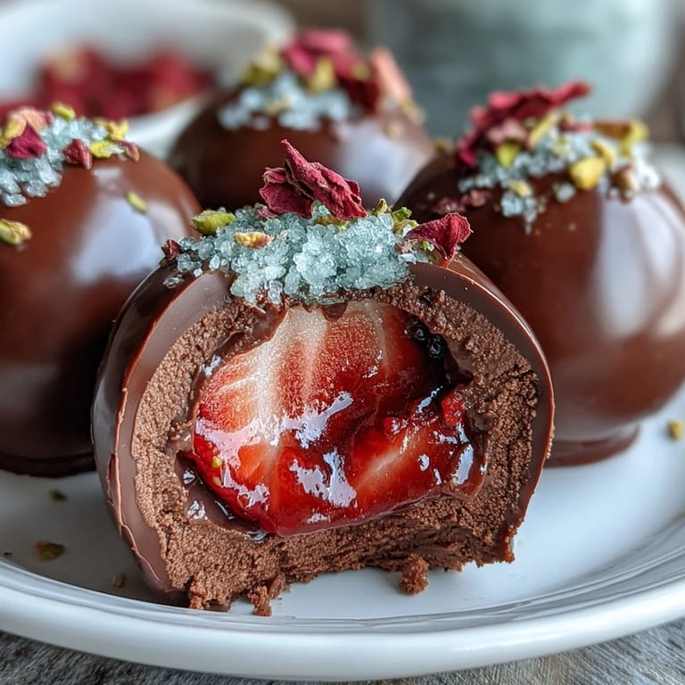 Finished Dubai-Style Strawberry Truffles with a crisp dark chocolate coating and delicate garnish.