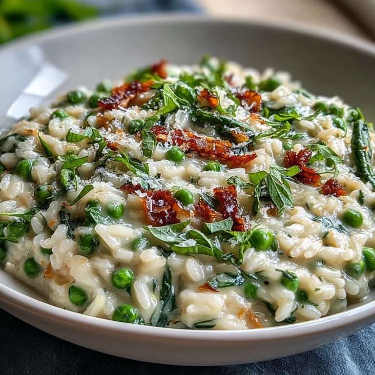 Vibrant Pea and Mint Risotto with Parmesan: bright green risotto with tender peas and fragrant mint, finished with a sprinkle of Parmesan for a spring dinner party.