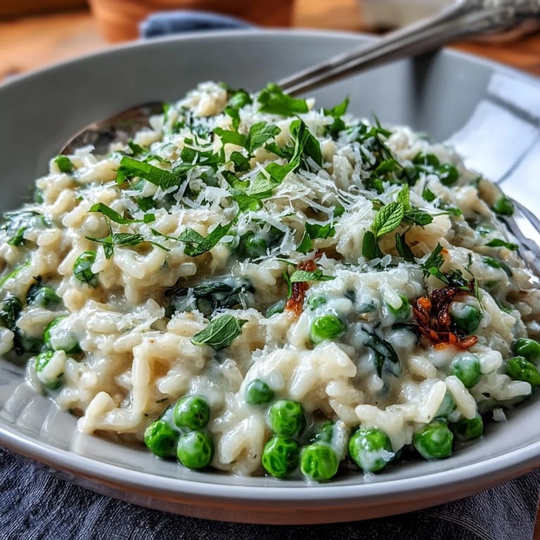 Creamy Spring Pea and Mint Risotto with Parmesan: rich, buttery risotto dotted with fresh peas and aromatic mint, garnished with lemon zest and extra cheese.