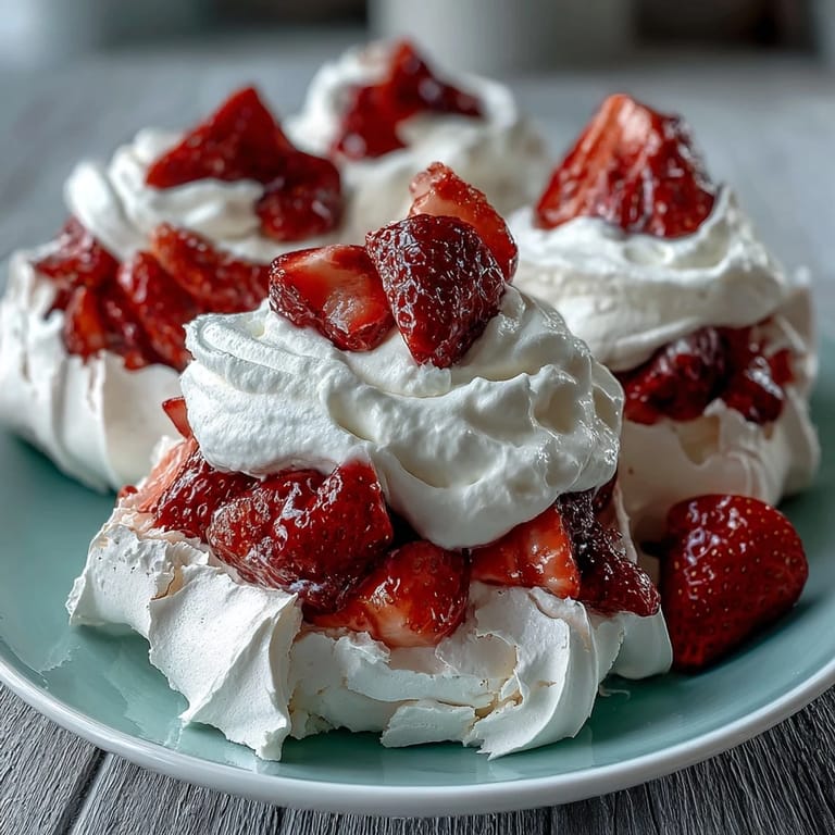 Strawberry Pavlova dessert: golden-brown meringue shell with a marshmallow center, piled high with whipped cream and juicy ripe strawberries.