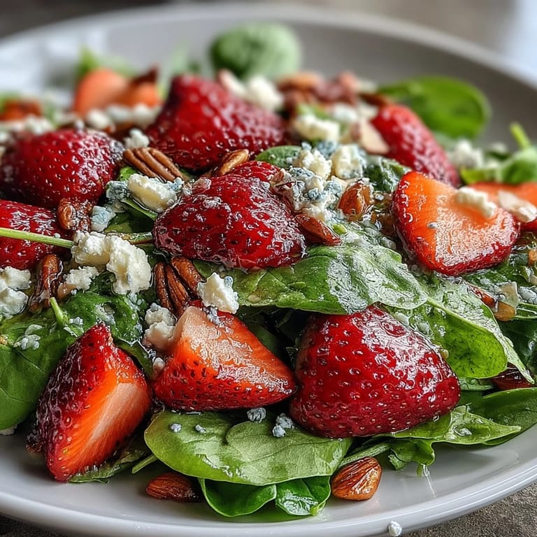 Strawberry spinach salad featuring tender greens, poppyseed dressing, red onion, and feta—ideal for light lunches or summer gatherings.