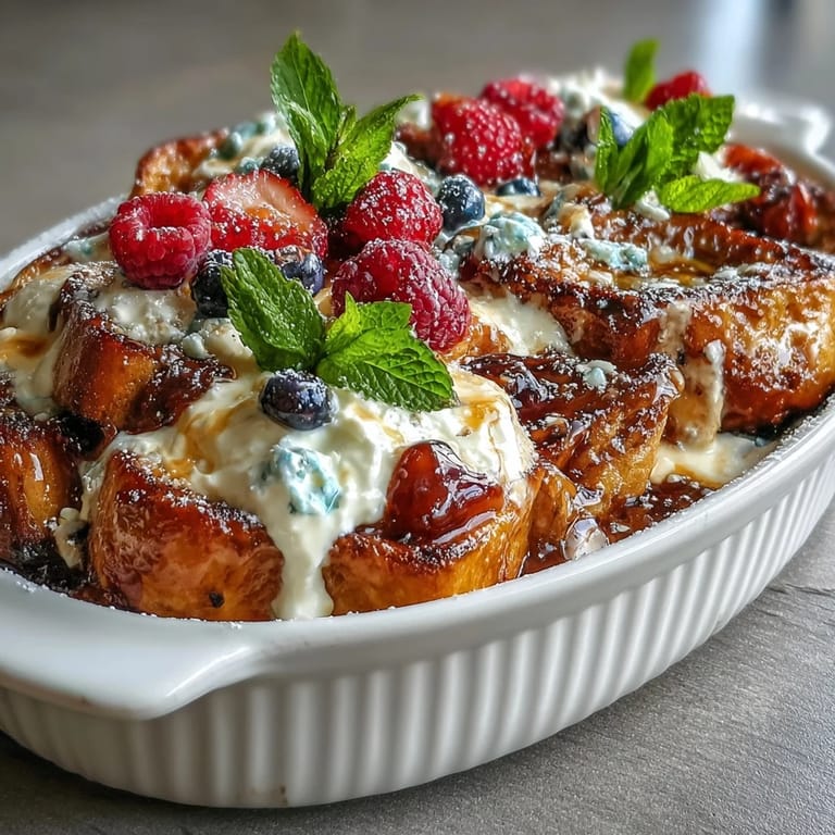 Fluffy pancakes layered with fresh berries and rich custard, baked until golden and dusted with powdered sugar for a delightful brunch treat.  