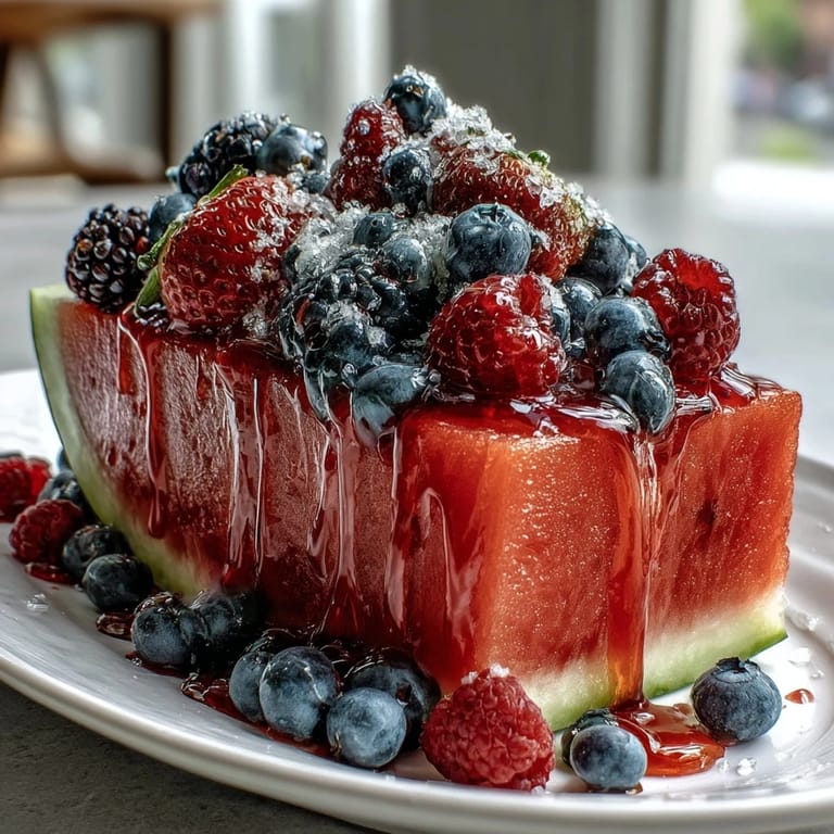 Watermelon fruit platter with berries artfully arranged on a carved board, offering a refreshing and healthy snack centerpiece.