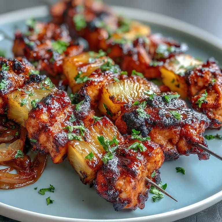 Bright and flavorful Grilled Pineapple Chicken Skewers feature marinated chicken, caramelized pineapple, and crisp peppers, perfect for a backyard barbecue.  