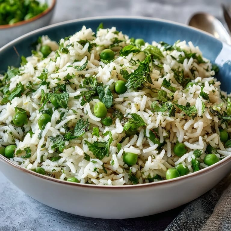Fluffy rice pilaf studded with sweet spring peas and fragrant mint, offering a refreshing and colorful addition to any meal.