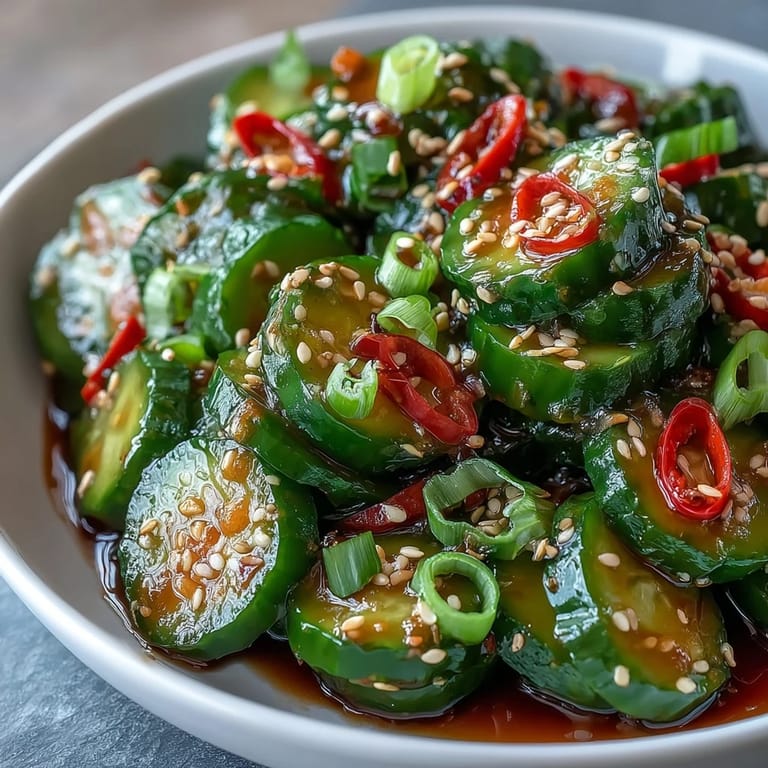 Thinly sliced cucumbers tossed in tangy sesame-rice vinegar dressing, perfect as a vegan, gluten-free side dish.